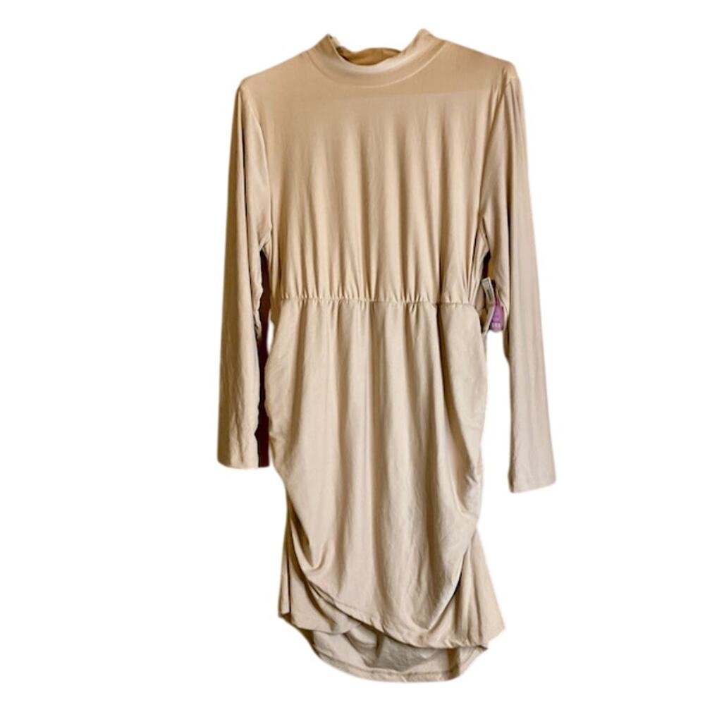 Full Circle Trends Stretchy Beige Bodycon Ruched Mock Neck Dress Women's 2X NWT